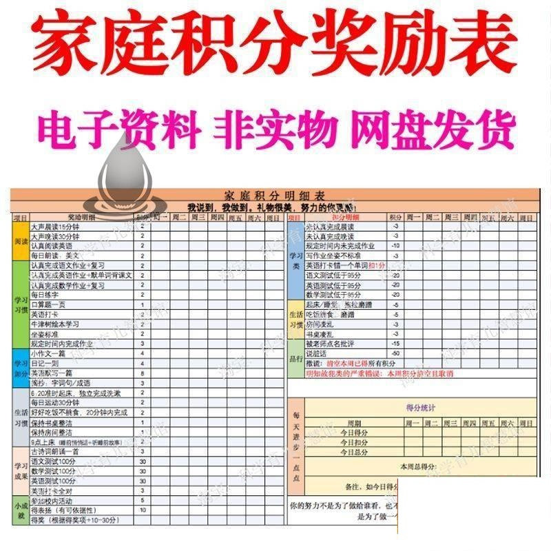 B267家庭积分奖励儿童惩罚积分表小学生儿童自律表可打印电子模板-料星球资源社